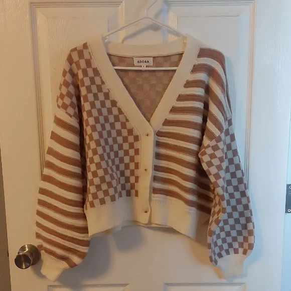 ADORA Women's Striped and Checkered Cardigan - Brown and Cream Size Med NWOT - Picture 1 of 5